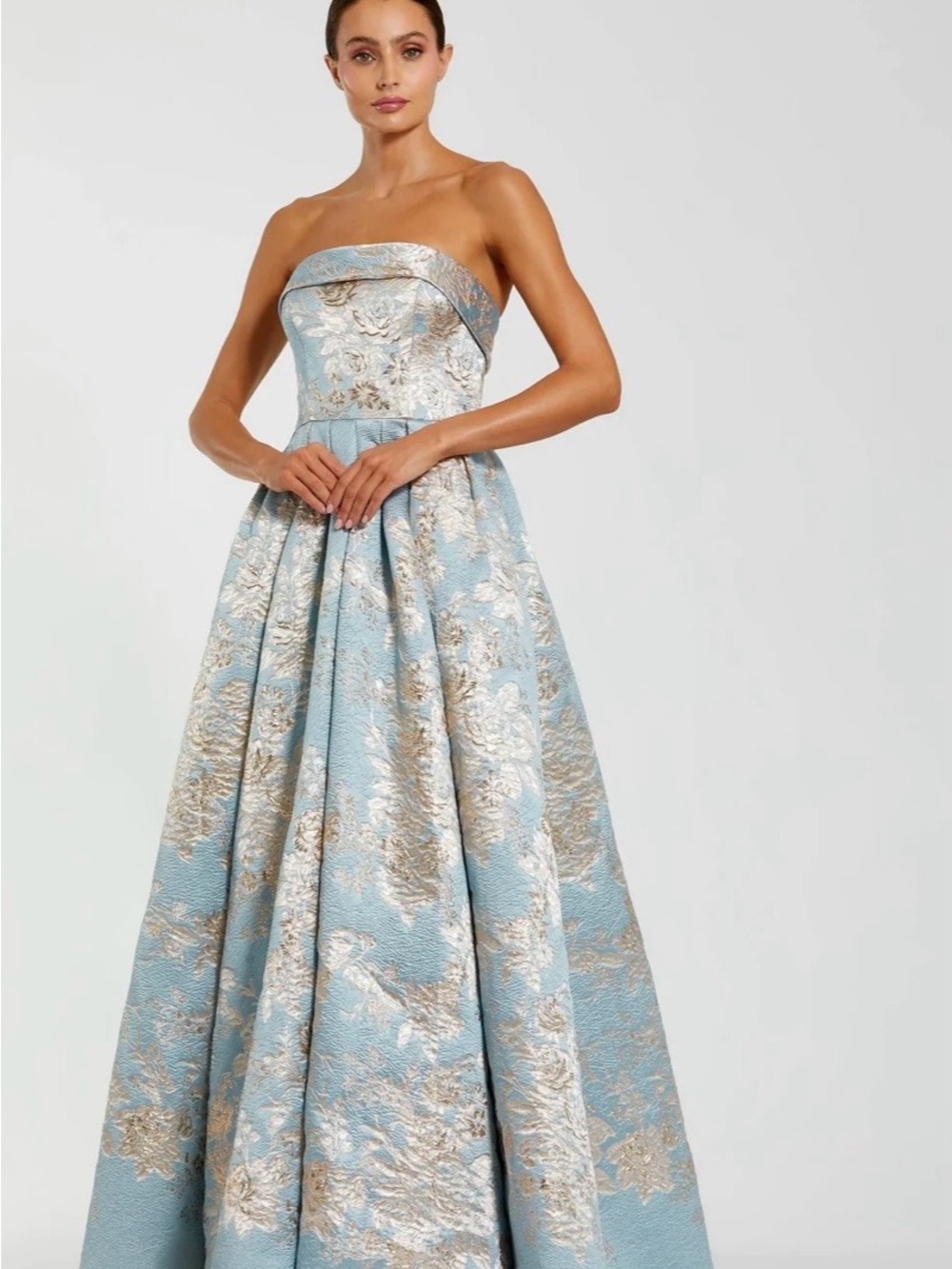MAC DUGGAL
Blue Strapless Brocade Ball Gown with Pockets WORN ONCE FOR A FEW HRS